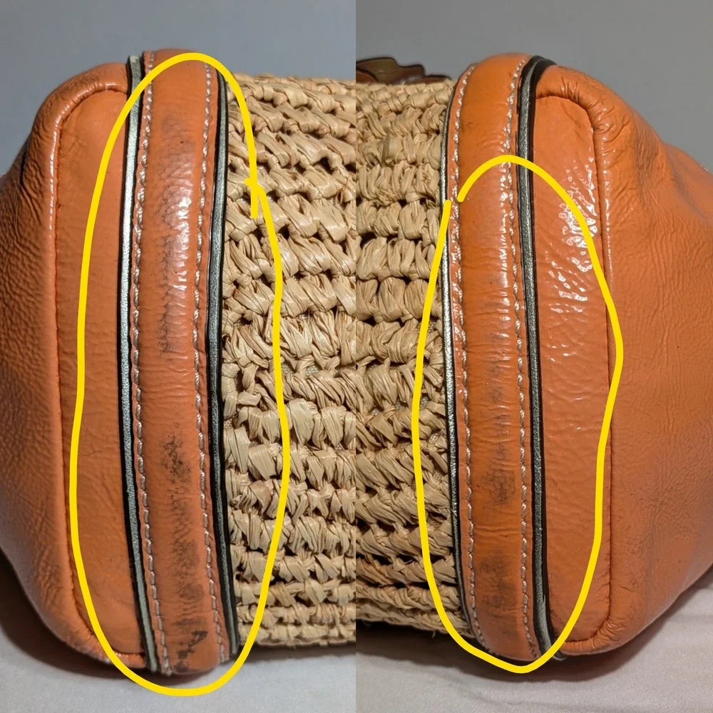 Coach Madison Straw Tote Flower Applique Natural & Orange Raffia Silver Studded
